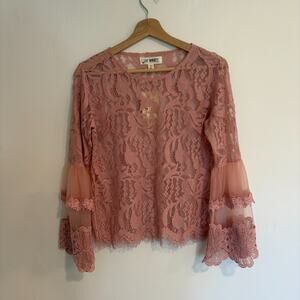 Say What Womens Size M Pink Lace Top Sheer Bell Sleeve Fairy Cottagecore Blouse
